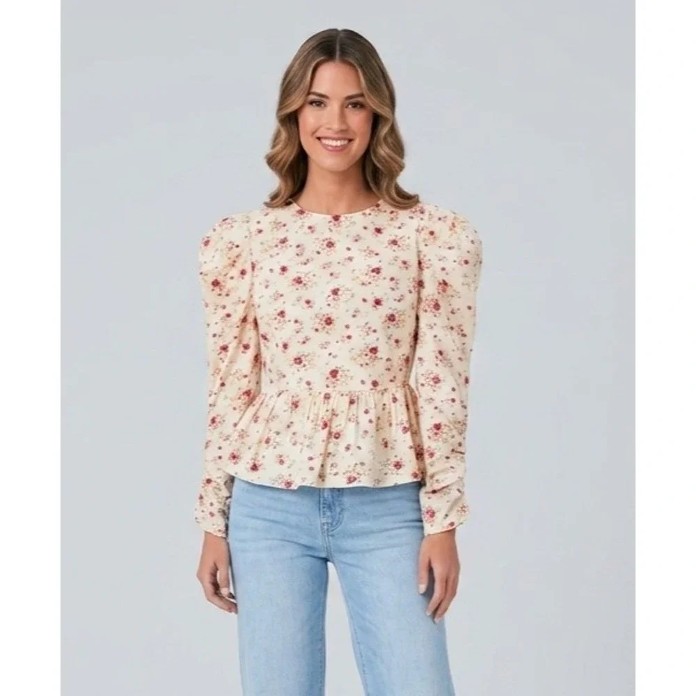 Tuckernuck Hyacinth House Ava Floral Peplum Blouse Medium Preppy Puff Sleeve Top